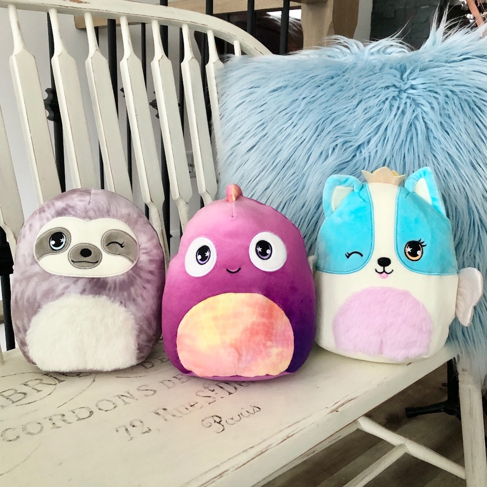 Squishmallows, Set of 3, Chameleon Axolotl, Sloth & Corgi Dog, 9" Stuffed, Plush